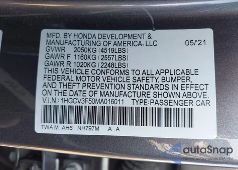 2021 Honda Accord Hybrid Ex-L from USA, damaged, VIN 1HGCV3F50MA016011